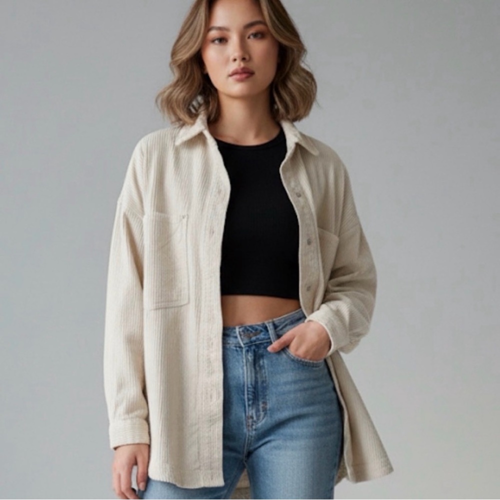 NWT Forever 21 Size Small Long White Cream Button-Up Corduroy Shirt Dress